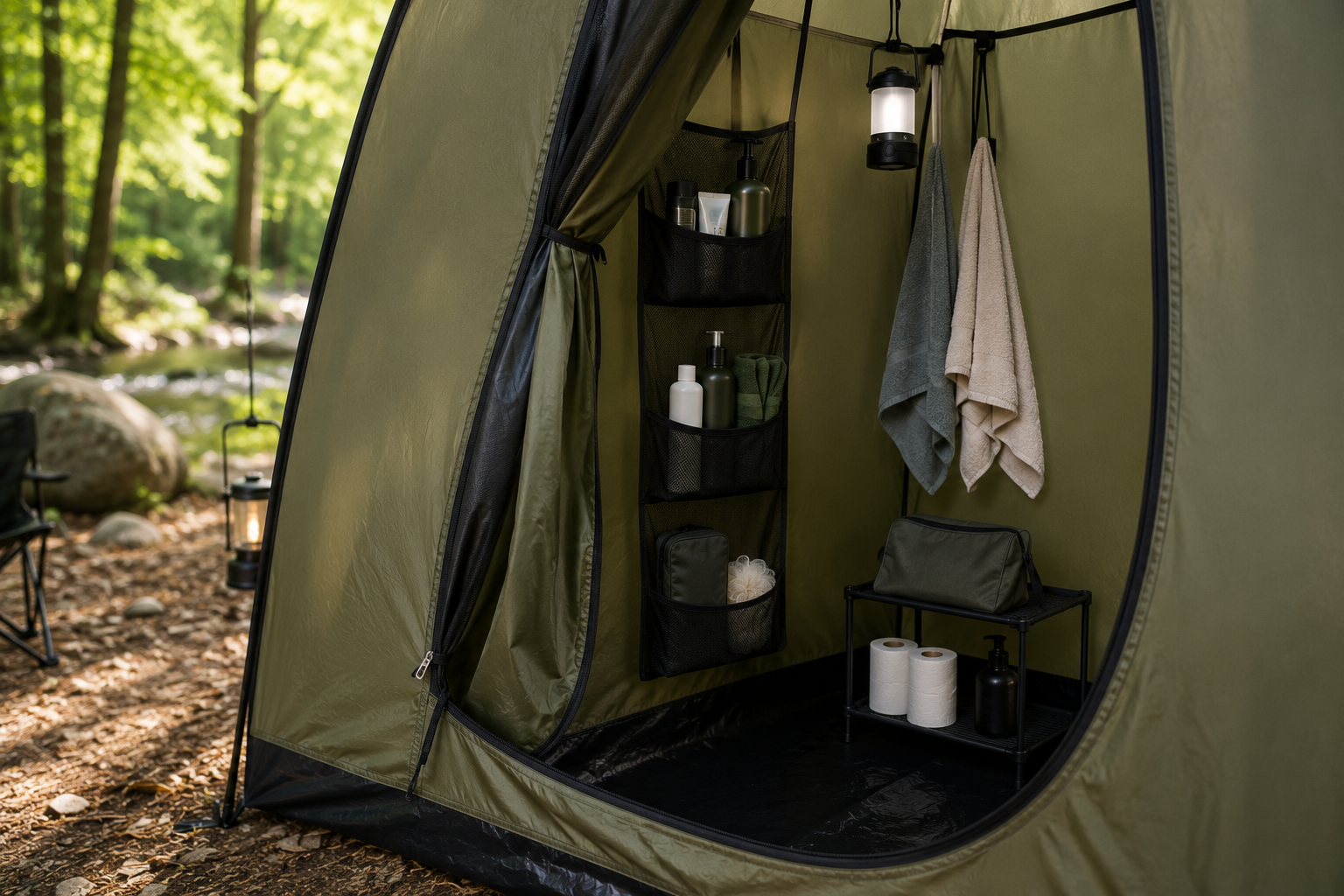 Best Camping Privacy Shelters featuring a portable privacy tent in a peaceful forest campsite