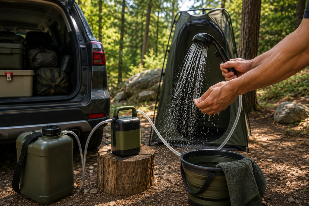Portable camping shower system being used beside an SUV at a forest campsite