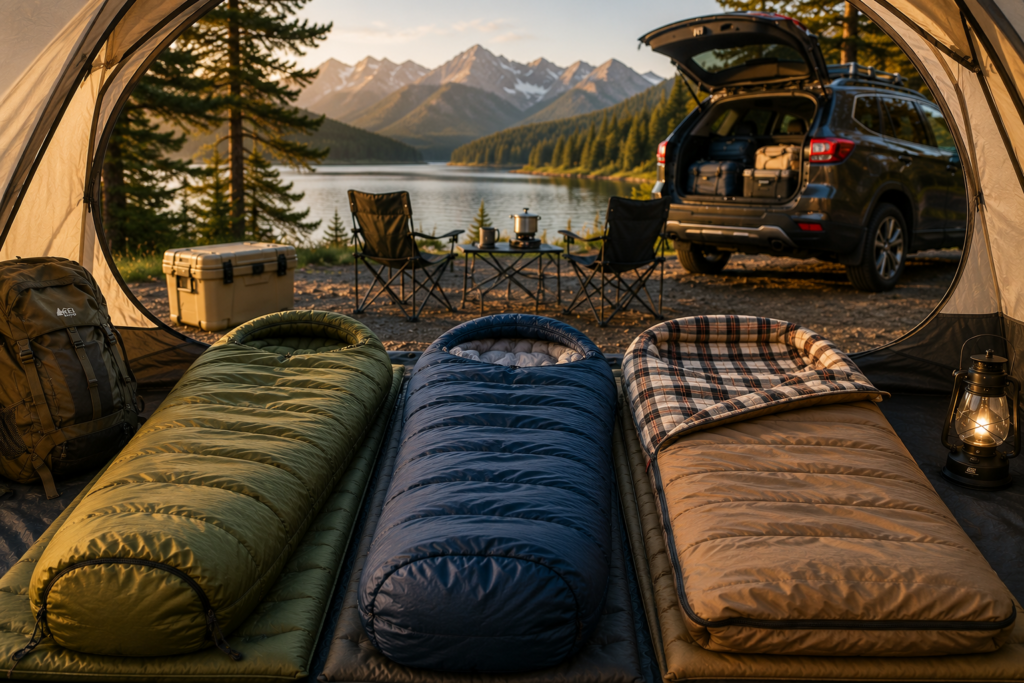 Best camping sleeping bags inside a family camping tent for comfortable car camping