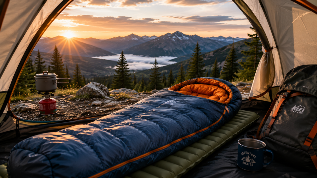 Camping sleeping bag inside a tent with a mountain landscape at sunrise