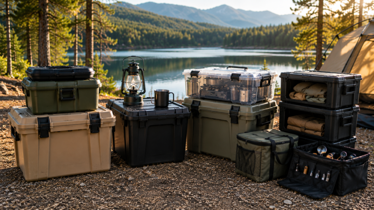 Best Camping Storage Boxes including waterproof, stackable, and heavy-duty containers organized at a lakeside campsite