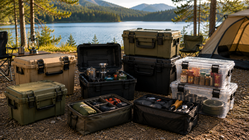 Best Camping Storage Boxes featuring waterproof, stackable, heavy-duty, and portable storage containers at a lakeside campsite