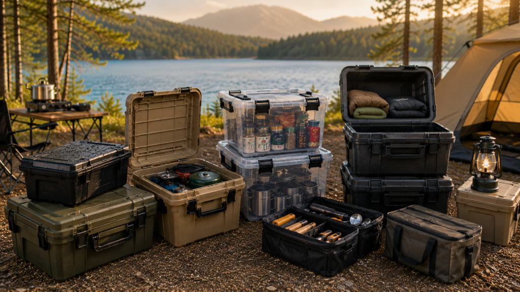 Different types of Best Camping Storage Boxes including waterproof, heavy-duty, stackable, and clear storage containers at a lakeside campsite