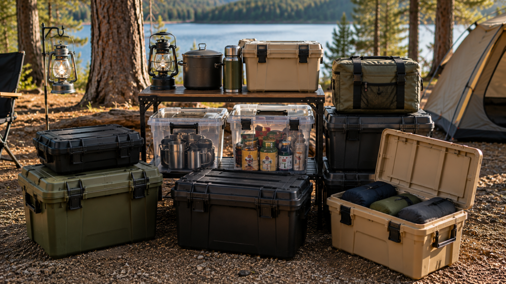 Different types of Best Camping Storage Boxes including waterproof, stackable, and heavy-duty containers organized at a lakeside campsite