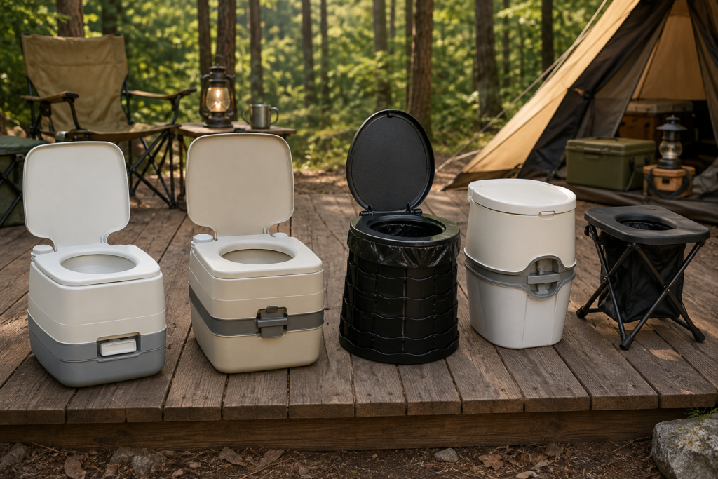 Best Camping Toilets featuring portable camping toilets including flushing, bucket, folding, and cassette styles displayed at a forest campsite
