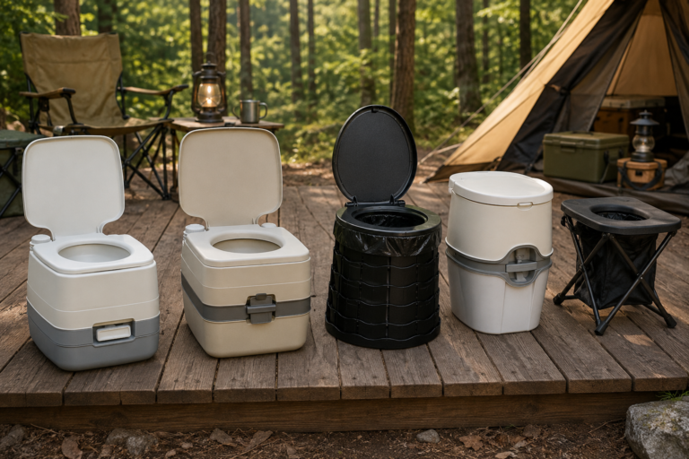 Best Camping Toilets featuring portable camping toilets including flushing, bucket, folding, and cassette styles displayed at a forest campsite