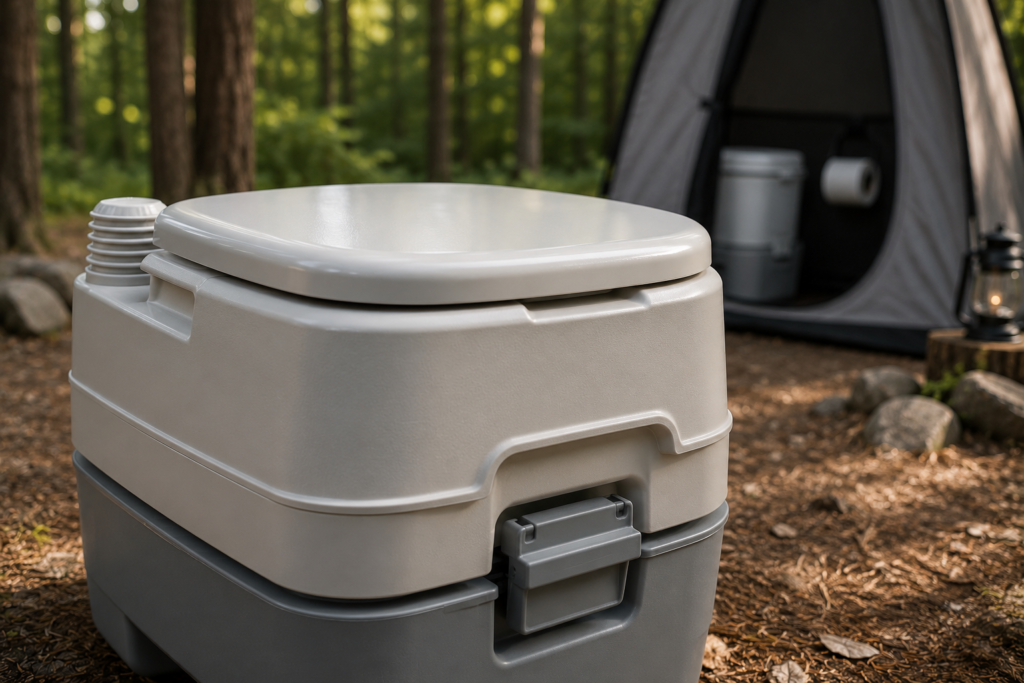 Close-up of a portable flushing camping toilet showing the secure locking mechanism and durable construction at a forest campsite