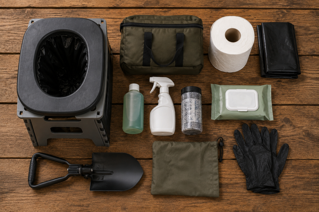 Flat lay of portable camping toilet essentials including a folding camping toilet, biodegradable waste bags, toilet paper, hand sanitizer, wet wipes, gloves, folding shovel, and storage pouch