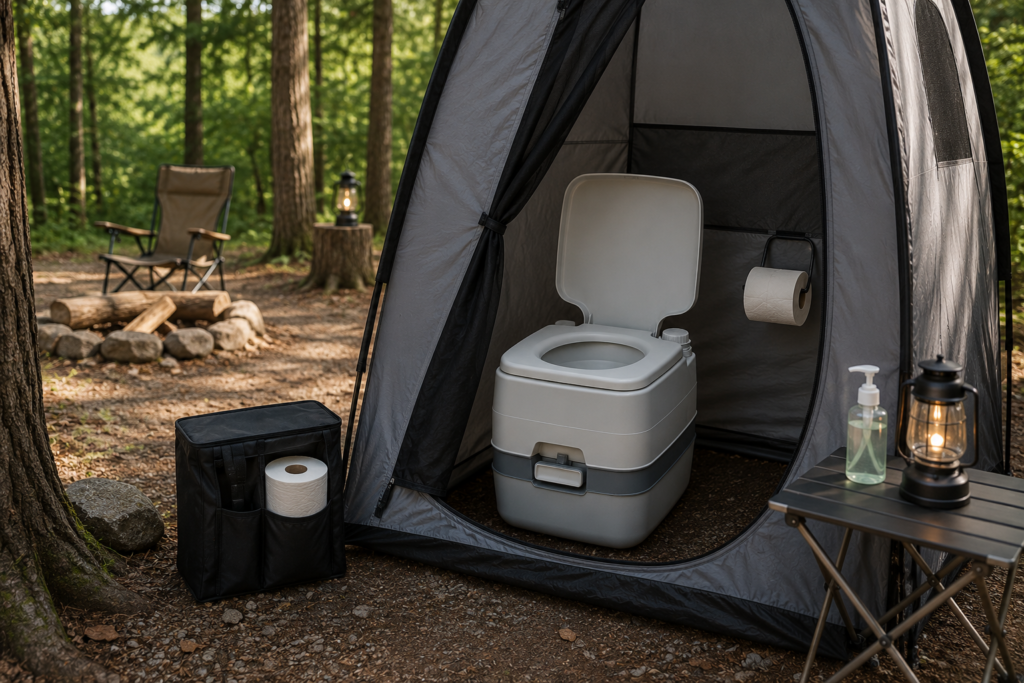 Portable camping toilet inside a privacy shelter at a forest campsite with toilet paper, hand sanitizer, and camping lantern