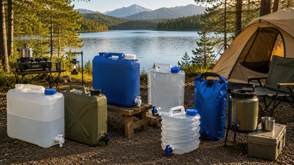 Best Camping Water Containers including portable water jugs, collapsible water carriers, and insulated dispensers at a lakeside campsite