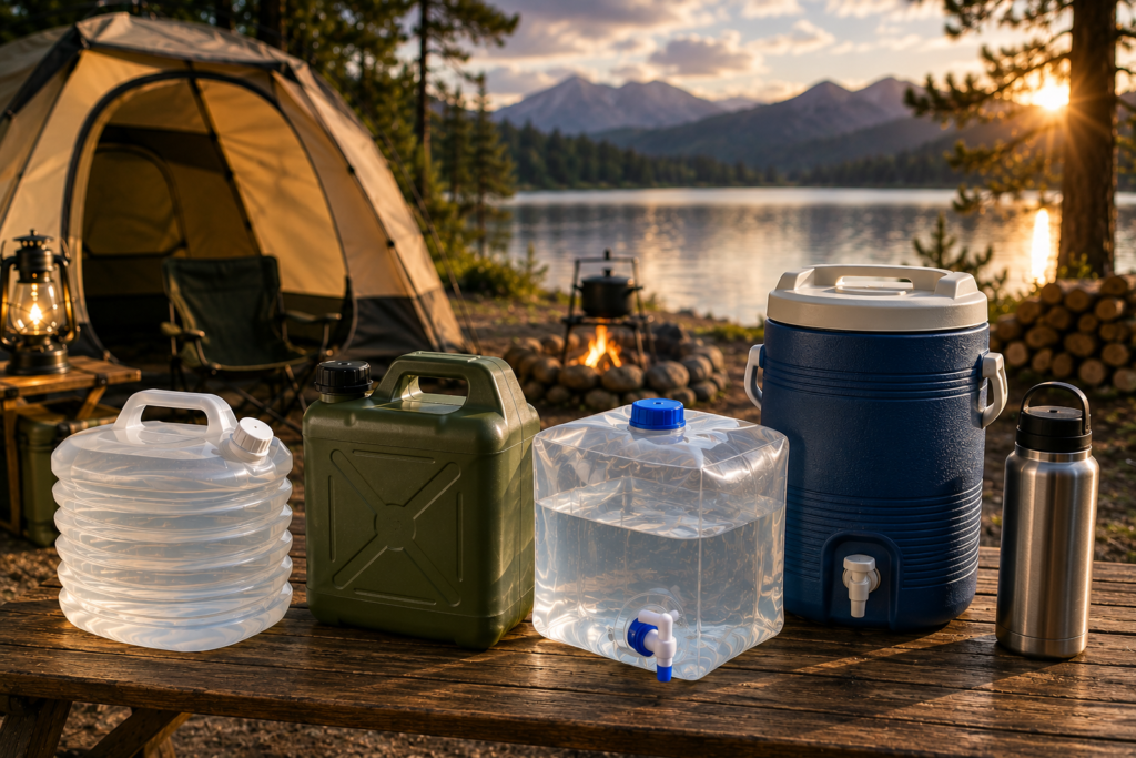 Camping water containers including collapsible water carrier, water jerry can, water cube, insulated water dispenser, and reusable water bottle displayed at a lakeside campsite