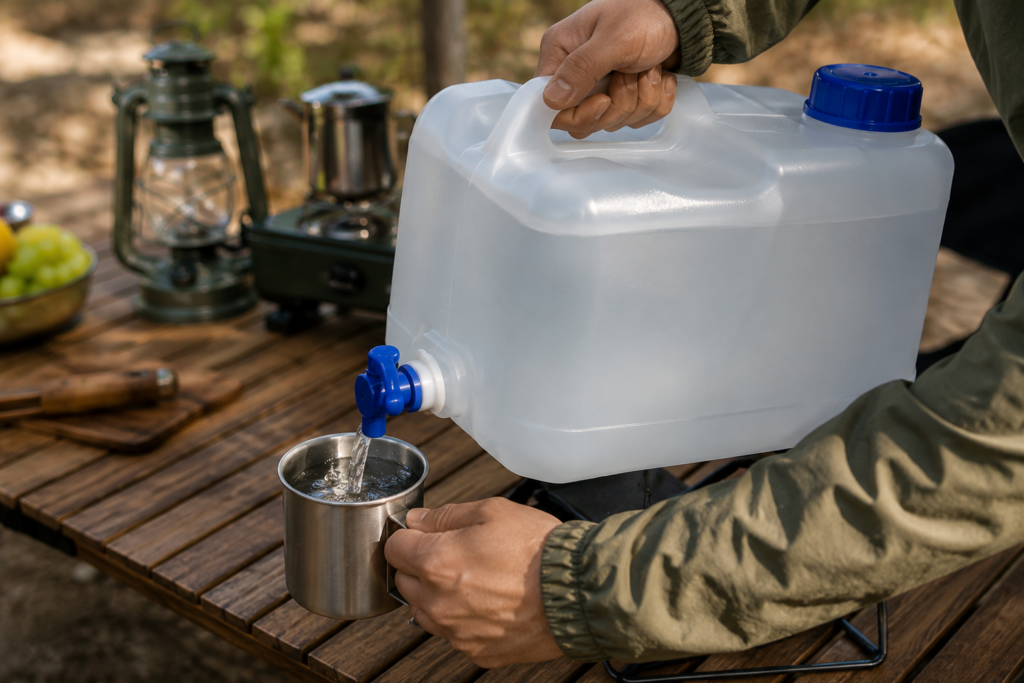 Close-up of a camping water container dispensing clean drinking water into a stainless steel camping mug on a wooden campsite table
