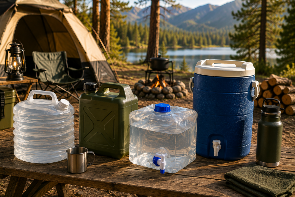 Camping water containers including collapsible, jerry can, water cube, insulated dispenser, and water bottle displayed on a wooden table at a lakeside campsite