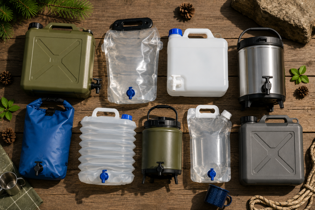 Flat lay of the Best Camping Water Containers including portable water jugs, collapsible water carriers, insulated dispensers, and reusable water containers
