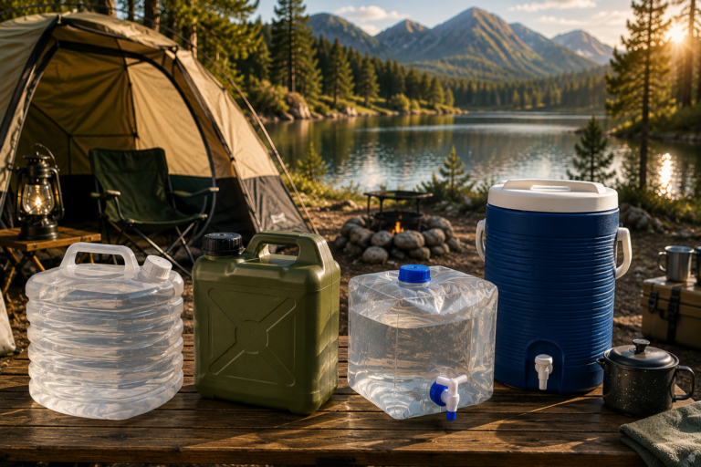 Best Camping Water Containers displayed at a lakeside campsite