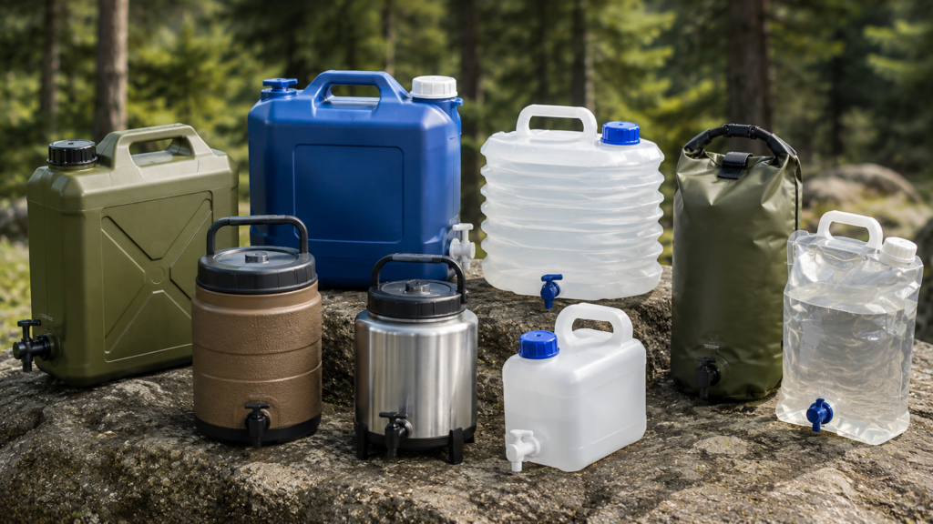Best Camping Water Containers including portable water jugs, collapsible water carriers, insulated dispensers, and reusable water containers displayed on natural rocks in a forest campsite
