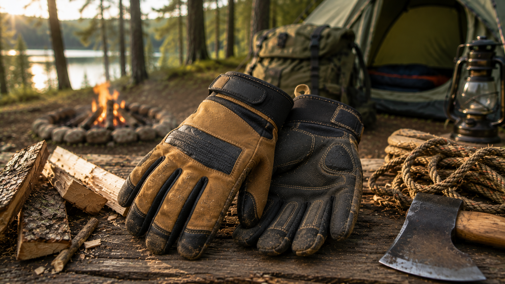 Best Camping Work Gloves displayed with a camping axe, firewood, and campfire at a forest campsite
