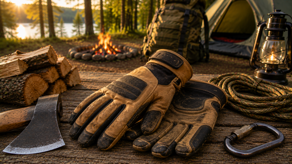 Close-up of durable camping work gloves with an axe, rope, lantern, and campfire at a peaceful forest campsite