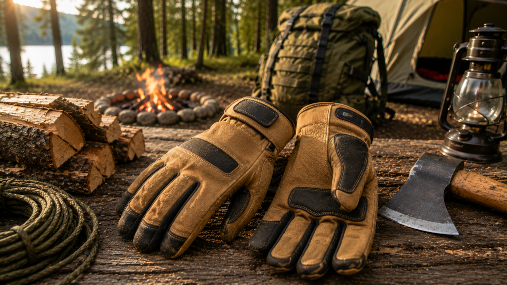 Durable camping work gloves displayed on a wooden campsite table beside a camping axe, firewood, rope, and campfire