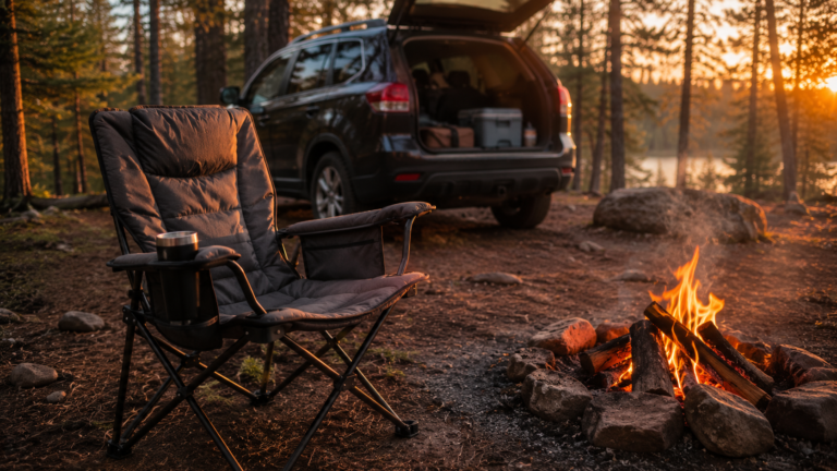 Best folding camping chair beside an SUV at a forest campsite