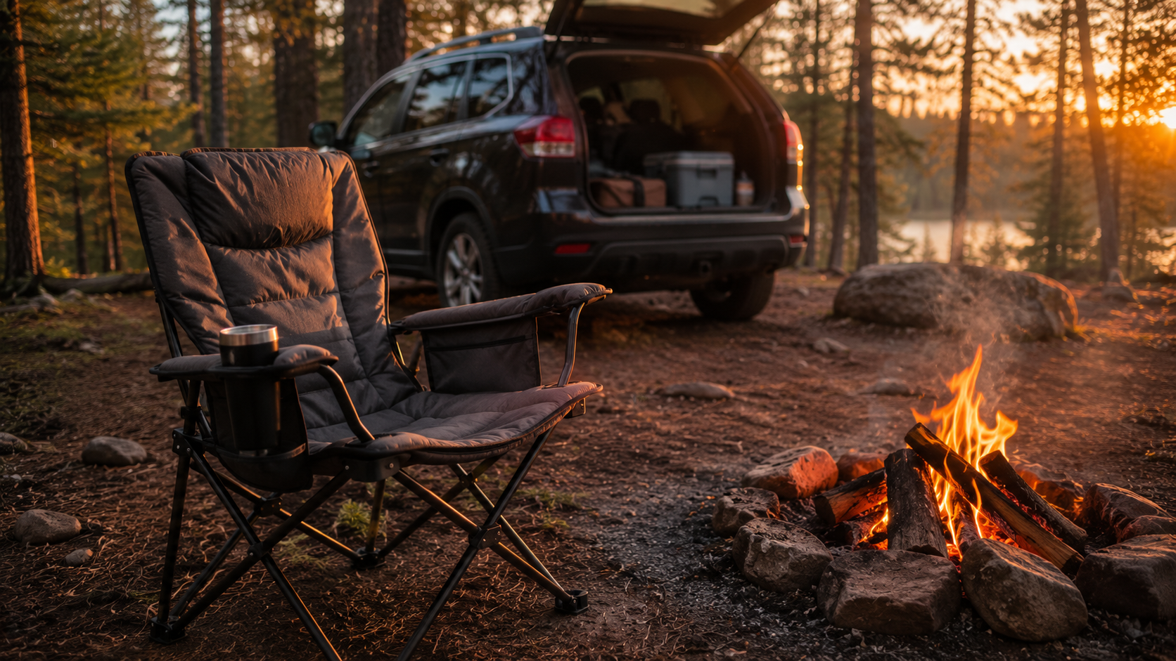 Best folding camping chair beside an SUV at a forest campsite