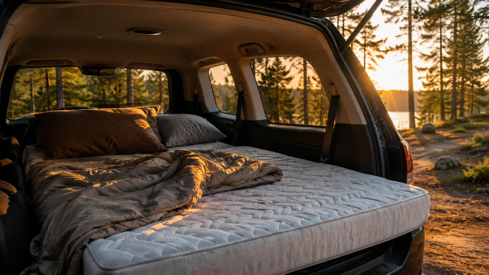 SUV interior with a premium memory foam camping mattress at a forest campsite during sunrise