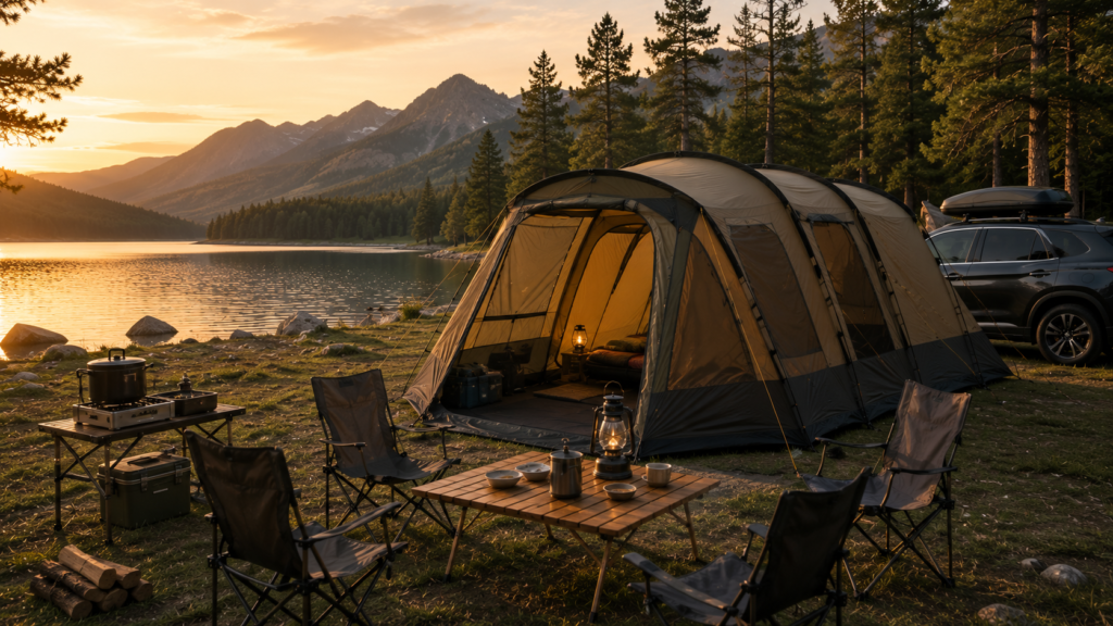 Large family camping tent beside a peaceful mountain lake during sunset