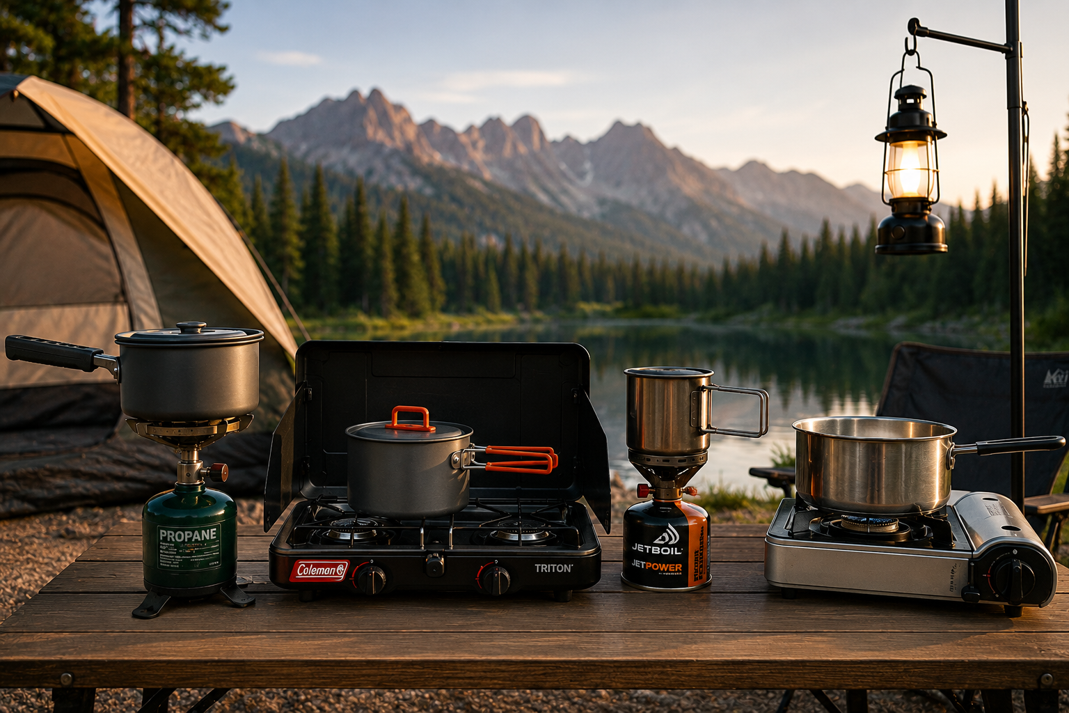 Best portable camping stoves displayed on a wooden camping table beside a mountain lake