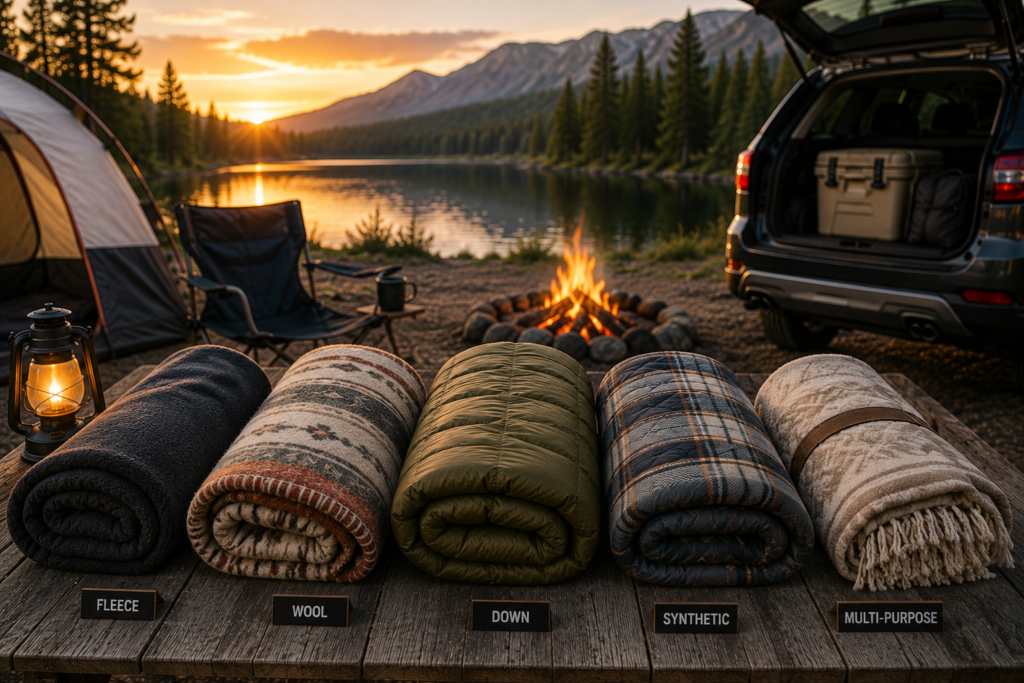 Different camping blanket materials displayed at a lakeside campsite