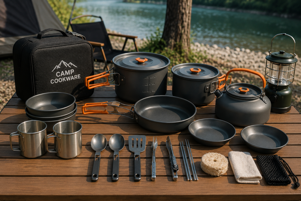 Complete camping cookware set with pots pans kettle and utensils