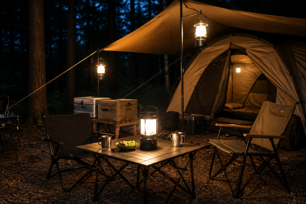 Camping lantern illuminating a cozy forest campsite at night