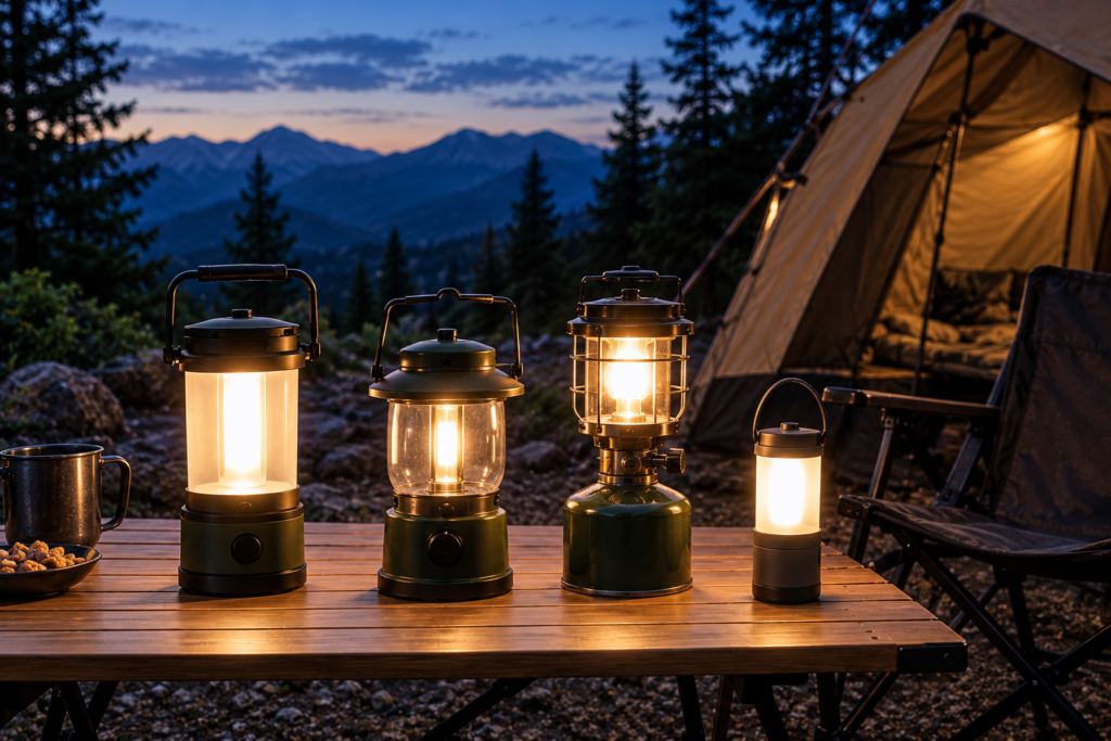 Different types of camping lanterns displayed on a wooden table at a mountain campsite at dusk