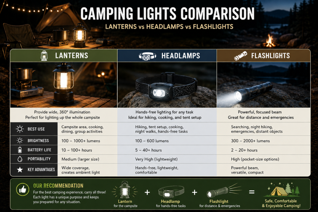 Camping lights comparison guide featuring lanterns headlamps and flashlights for car camping