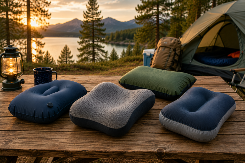 Best Camping Pillows displayed on a wooden picnic table at a lakeside campsite