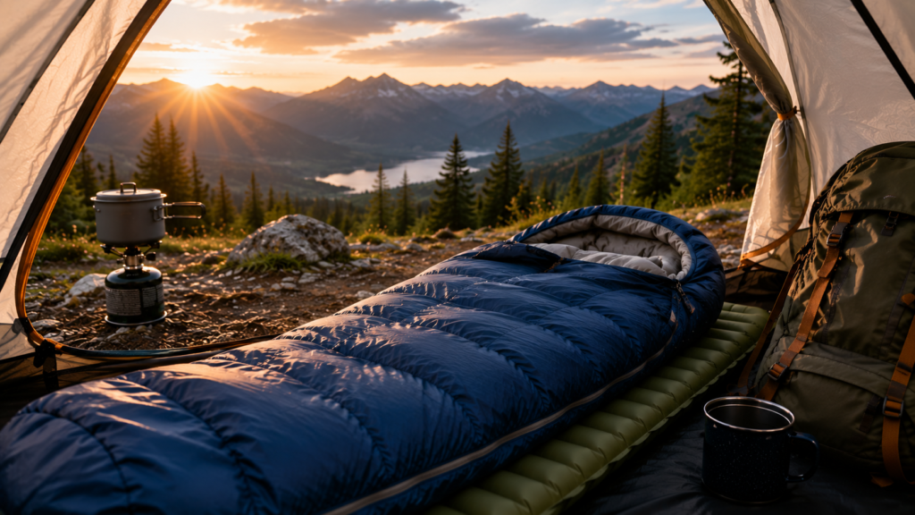 Premium mummy sleeping bag inside a camping tent at sunrise