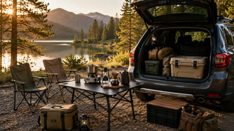Car Camping Checklist showing a fully equipped lakeside campsite with an SUV, camping table, chairs, cooking gear, and organized camping essentials