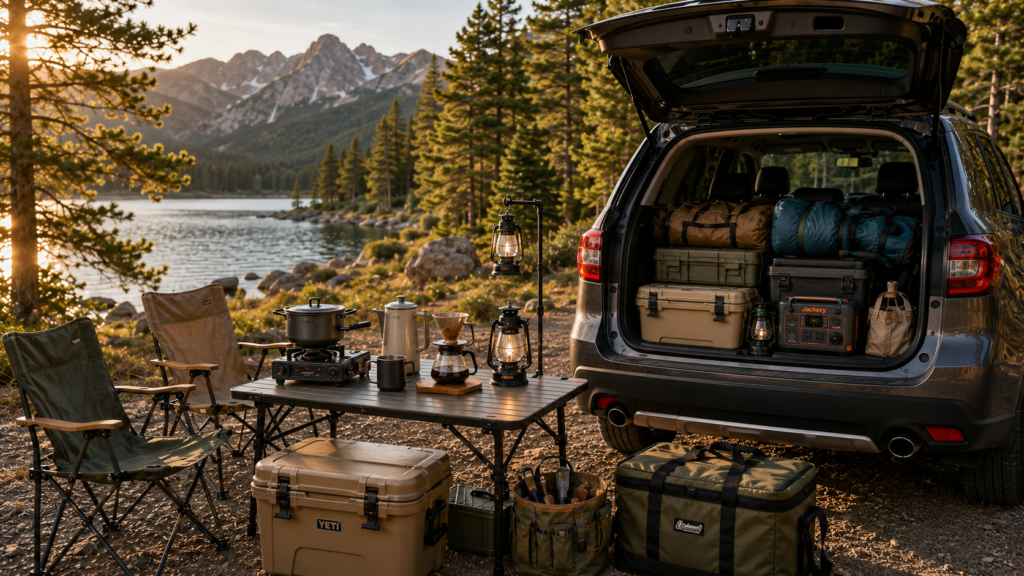 Car Camping Checklist featuring an organized camp kitchen with a portable stove, coffee gear, lanterns, coolers, and camping equipment beside an SUV