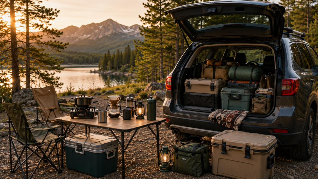 Car Camping Checklist showing a fully organized lakeside campsite with an SUV, camping table, coffee gear, lanterns, chairs, and essential camping equipment