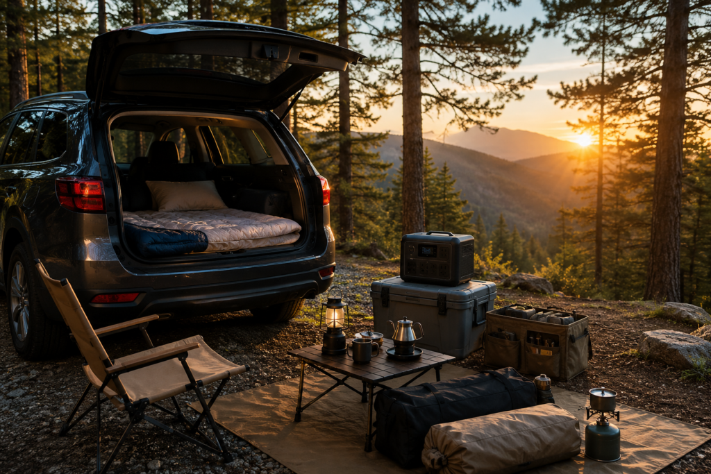 Car camping checklist essentials beside an SUV at a forest campsite.