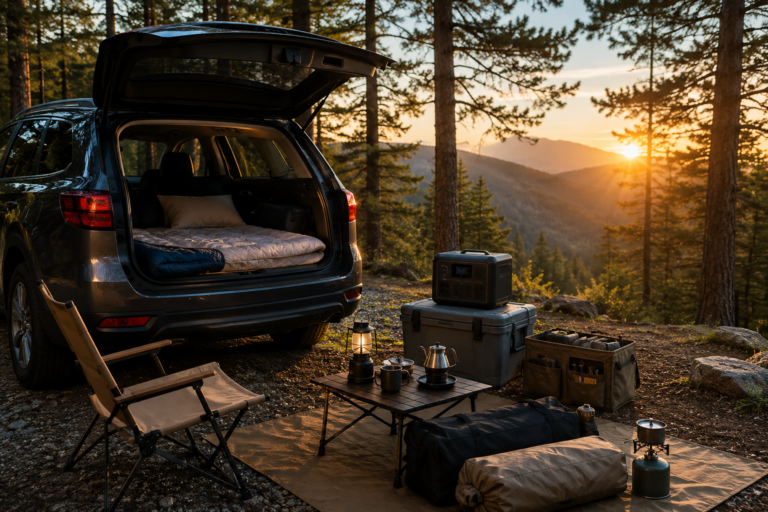 Car camping checklist essentials beside an SUV at a forest campsite.