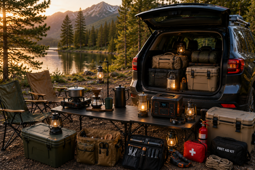 Car Camping Checklist featuring safety equipment, portable power station, camp kitchen, lanterns, first aid kit, and organized camping gear beside an SUV