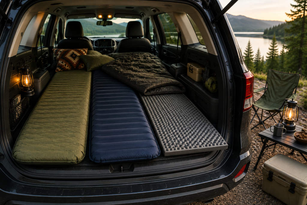 Different car camping sleeping pads arranged inside an SUV for comparing comfort and insulation