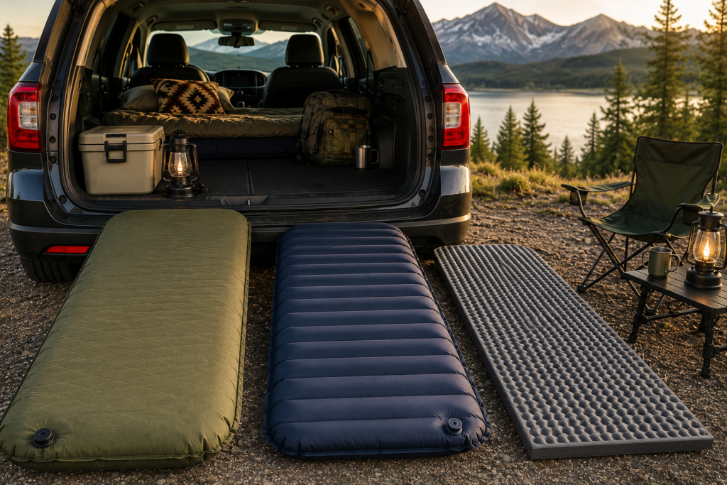 Comparison of self-inflating, air, and foam car camping sleeping pads at a lakeside campsite