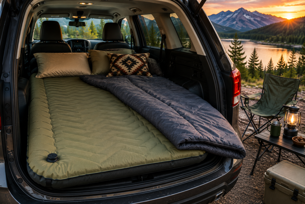 Self-inflating car camping sleeping pad inside an SUV for comfortable overnight camping
