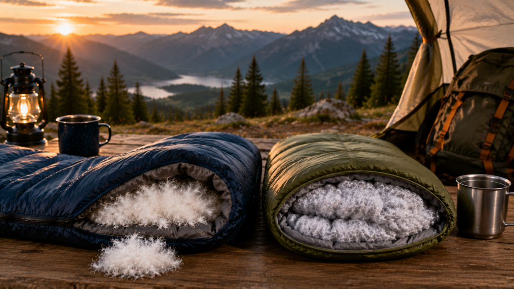 Down and synthetic camping sleeping bags compared on a wooden table at a mountain campsite
