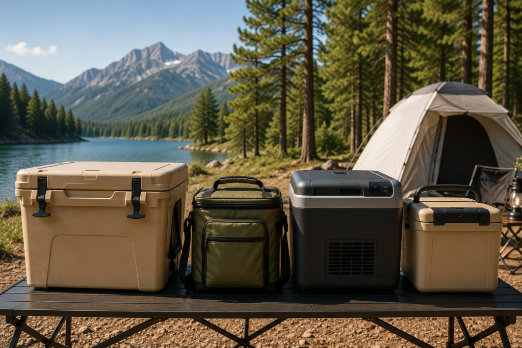 Different camping coolers displayed for comparing size and style