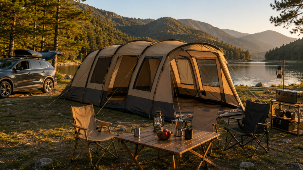 Large family camping tent beside a peaceful lakeside campsite at sunset