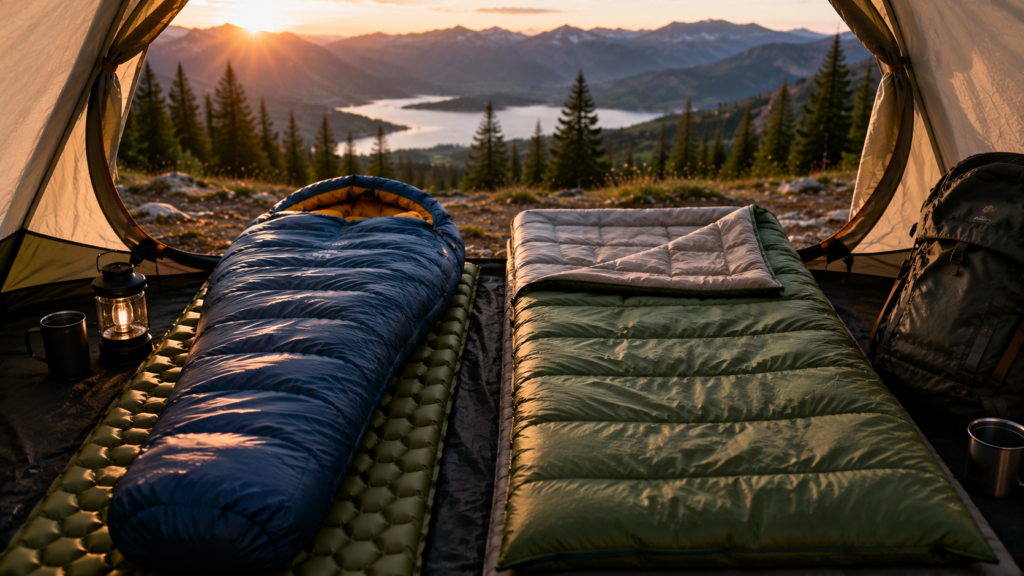 Mummy and rectangular camping sleeping bags inside a tent