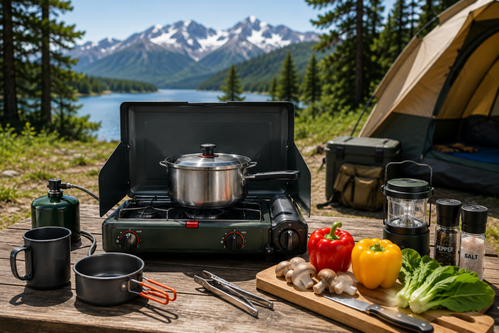 Portable camping stove with cookware at a lakeside campsite for outdoor cooking