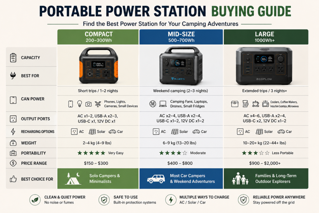 Portable power station buying guide comparing compact mid-size and large models for car camping